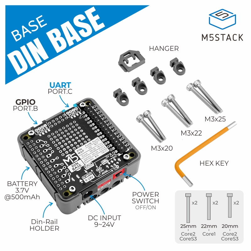 M5Stack Core2 - M5Stack officiële Din-basis met 500mAh batterij
