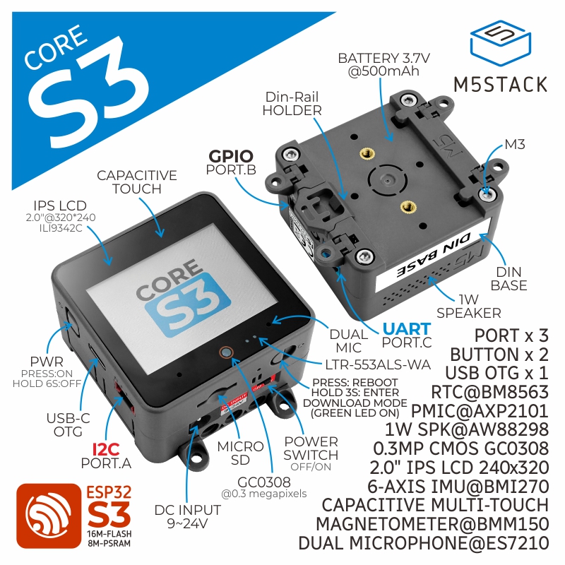M5Stack Core2 - M5Stack officiële ESP32-S3 2,0-inch touchscreen IPS-camera,